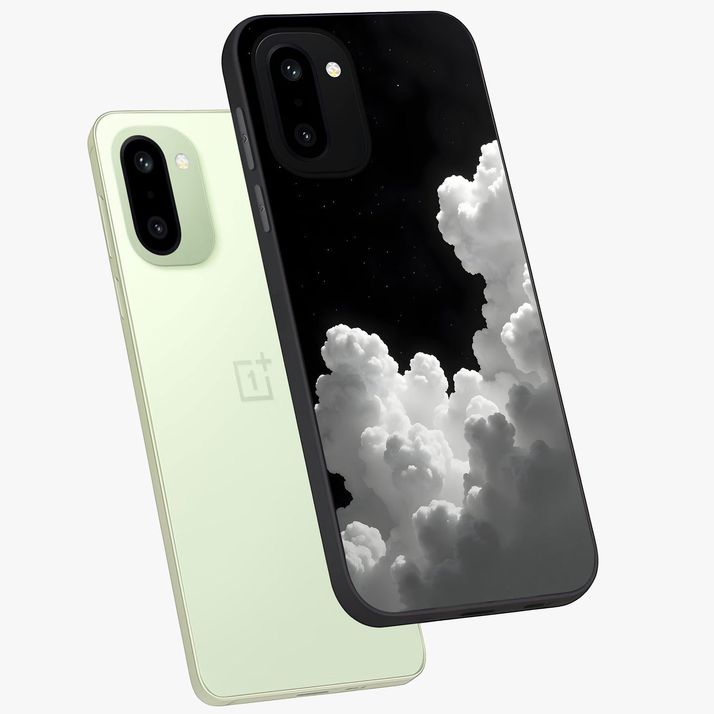 Black Background With White Cloud Glass Case for 1+15R angled mockup showcasing glossy finish and high contrast design