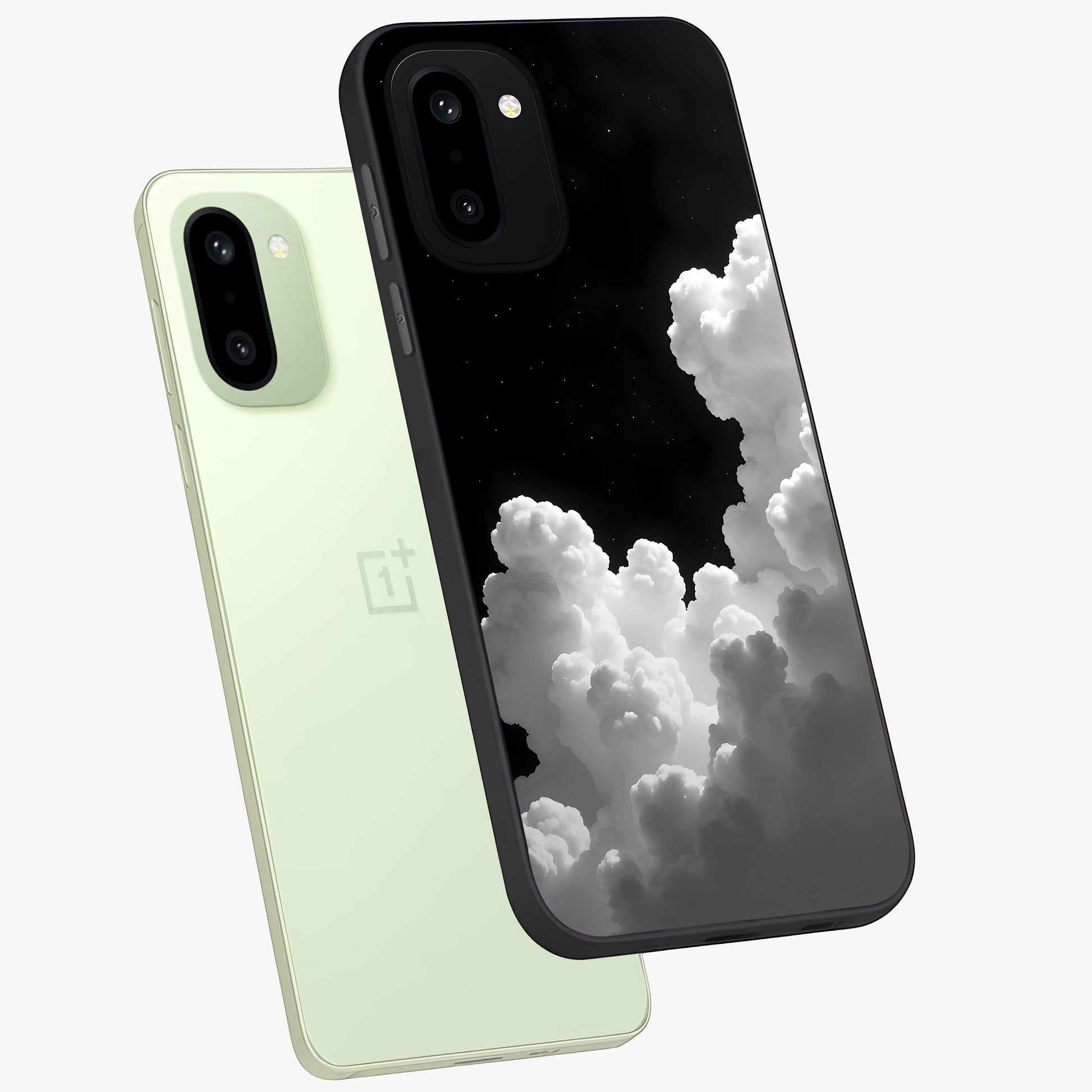 Black Background With White Cloud Glass Case for 1+15R angled mockup showcasing glossy finish and high contrast design