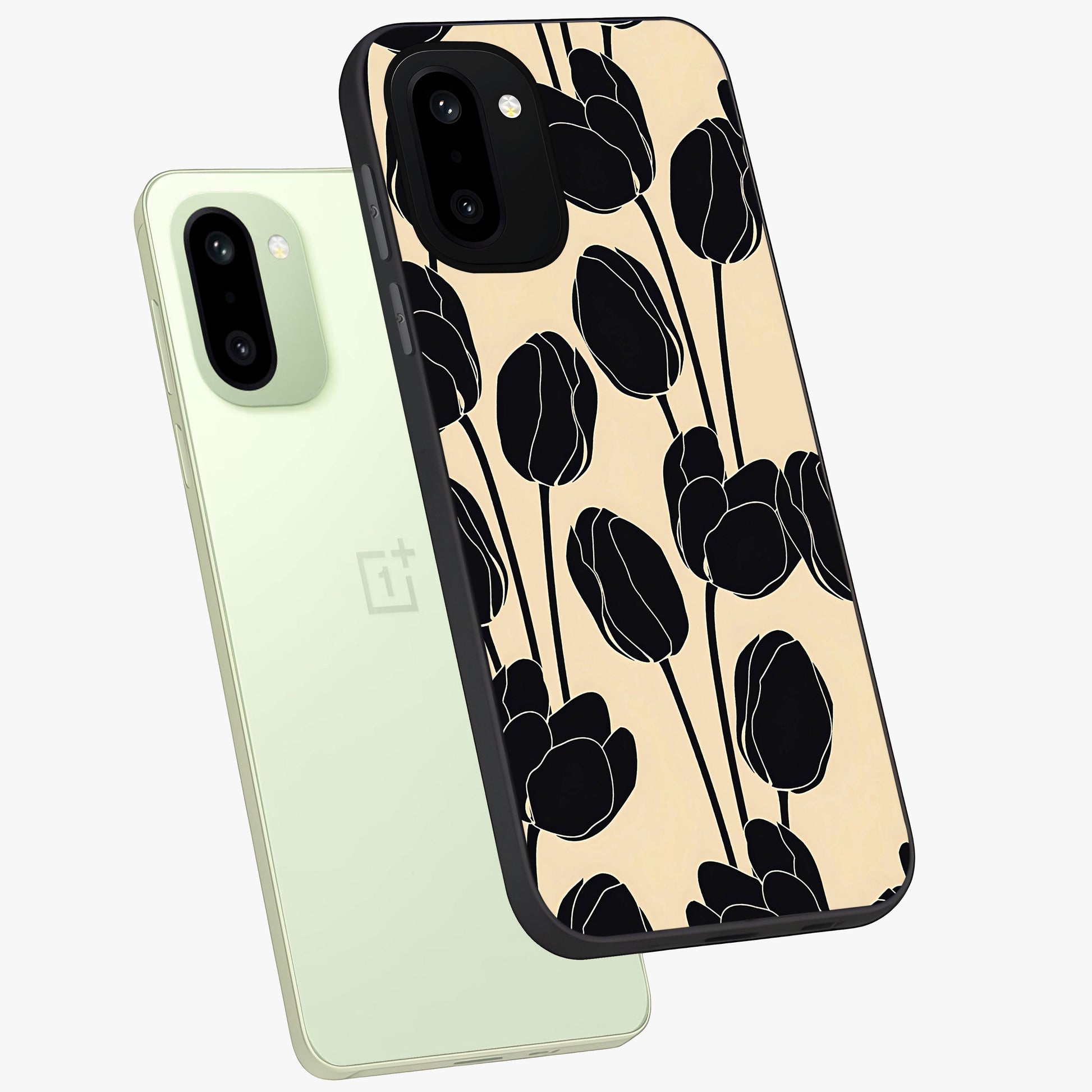 Black Designer Tulip Glass Case for 1+15R angled mockup showcasing glossy finish and premium floral detailing