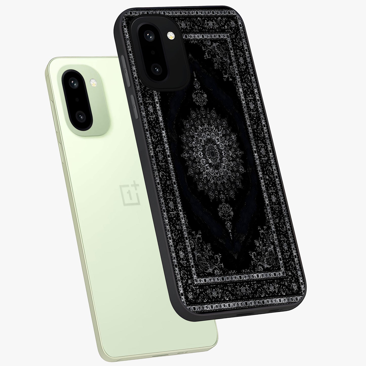 Black Persian Carpet Glass Case for 1+15R angled mockup showcasing glossy finish and detailed ornamental design
