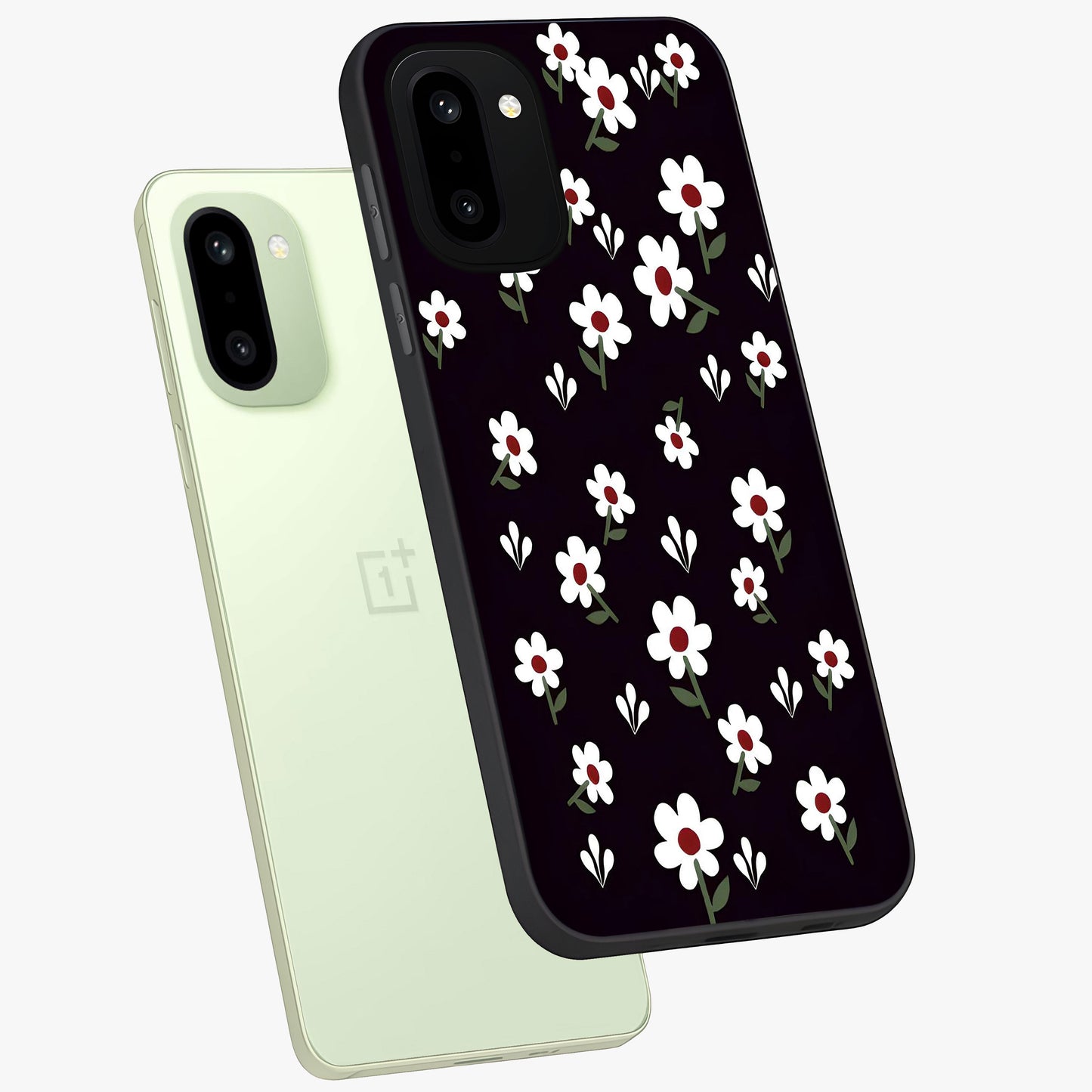 Black Prints Daisy Flower Pattern Glass Case for 1+15R angled mockup showcasing glossy finish and bold floral contrast
