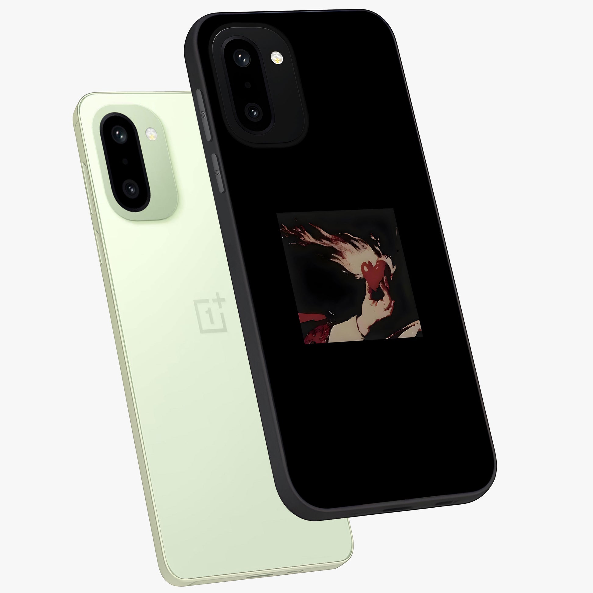 Blazing Heart Faith Glass Case for 1+15R captured at a warm angle highlighting bold flame tones, gloss, and edge clarity.