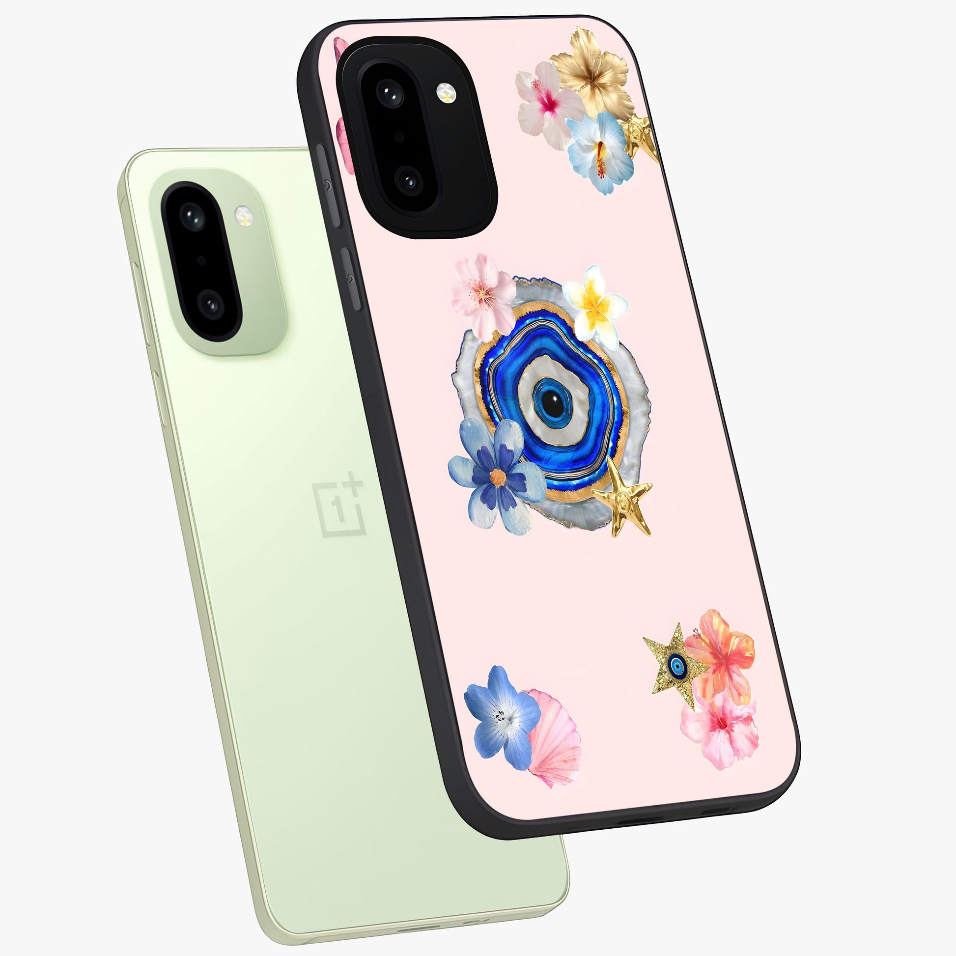 Blossom Evil Charm Glass Case for 1+15R angled mockup showcasing glossy finish and protective charm design