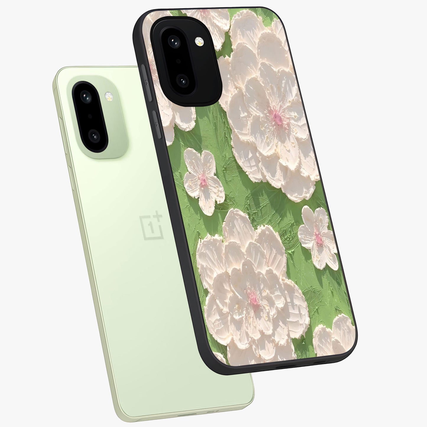Blossom Meadow Dreams Glass Case for 1+15R angled mockup showcasing glossy finish and pastel bloom textures