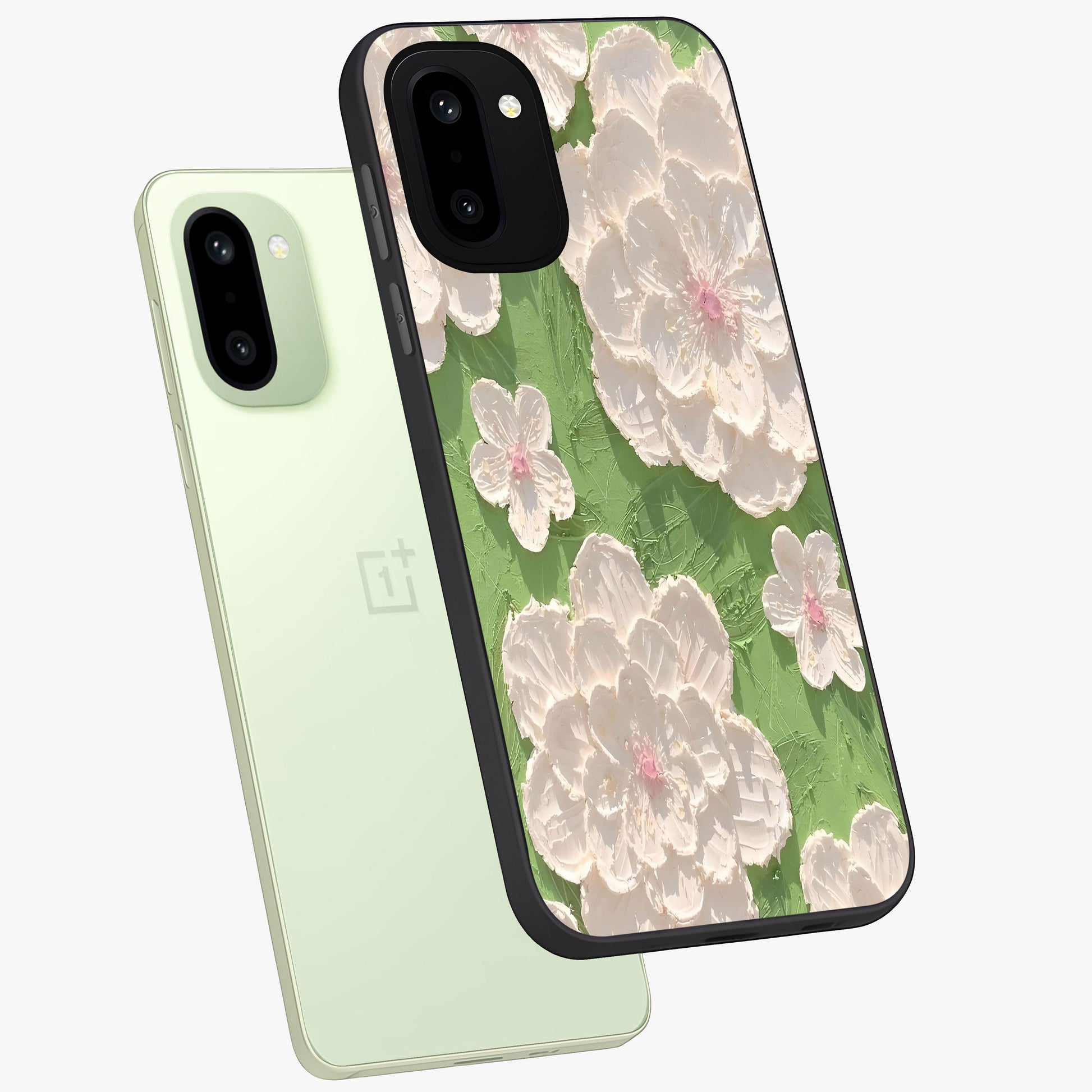 Blossom Meadow Dreams Glass Case for 1+15R angled mockup showcasing glossy finish and pastel bloom textures