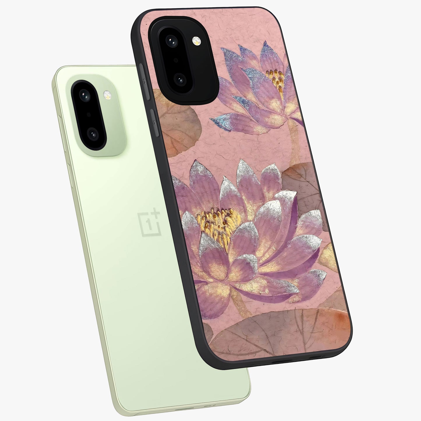 Blossom Mist Lotus Glass Case for 1+15R angled mockup showcasing glossy finish and peaceful floral detailing