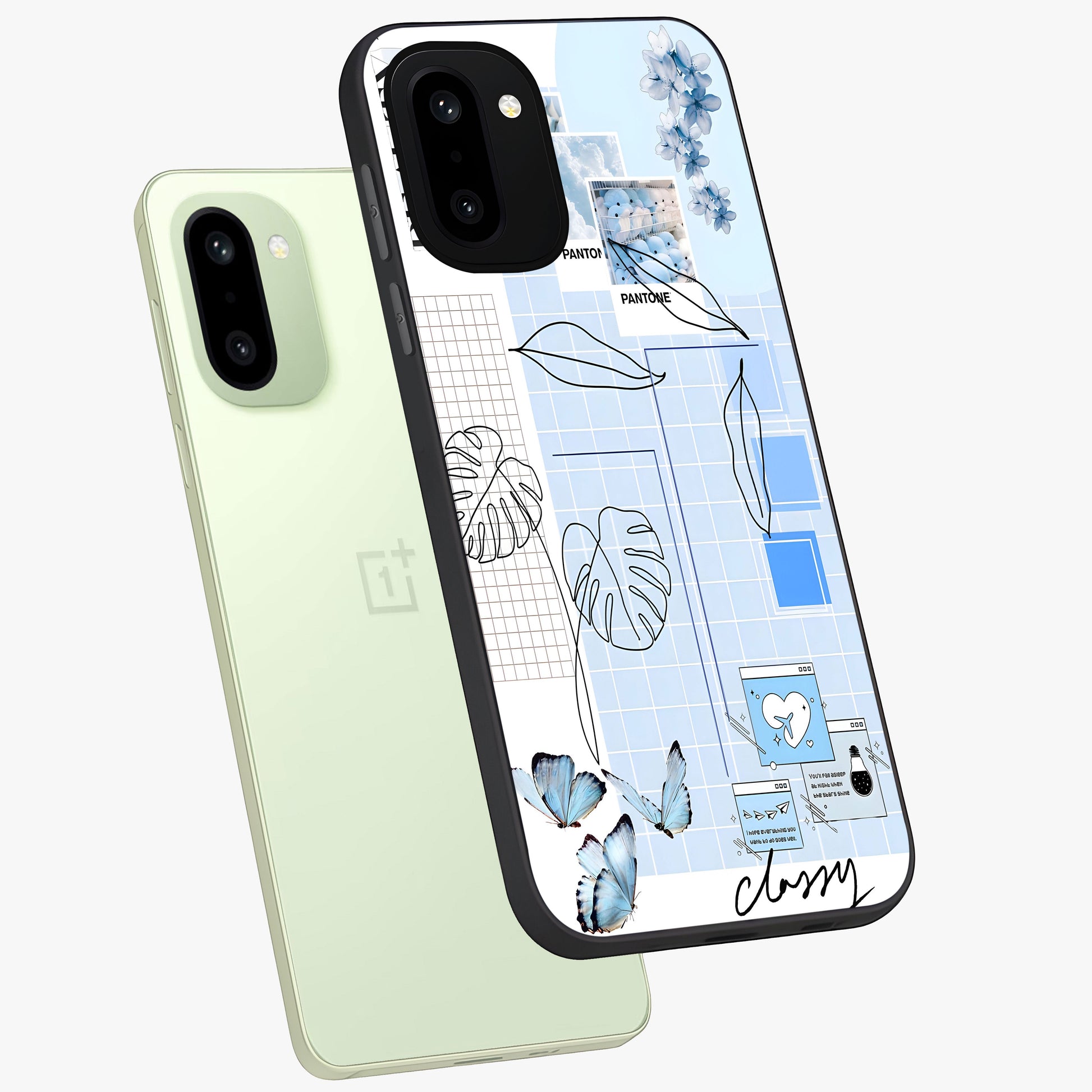 Blue Aesthetic Flower Glass Case for 1+15R angled mockup showcasing glossy finish and delicate bloom design