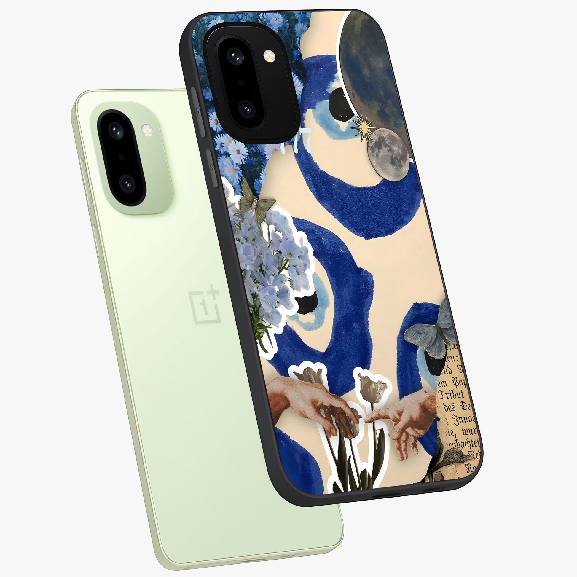 Blue Evil Divine Glass Case for 1+15R angled mockup showcasing glossy finish and striking blue symbol design