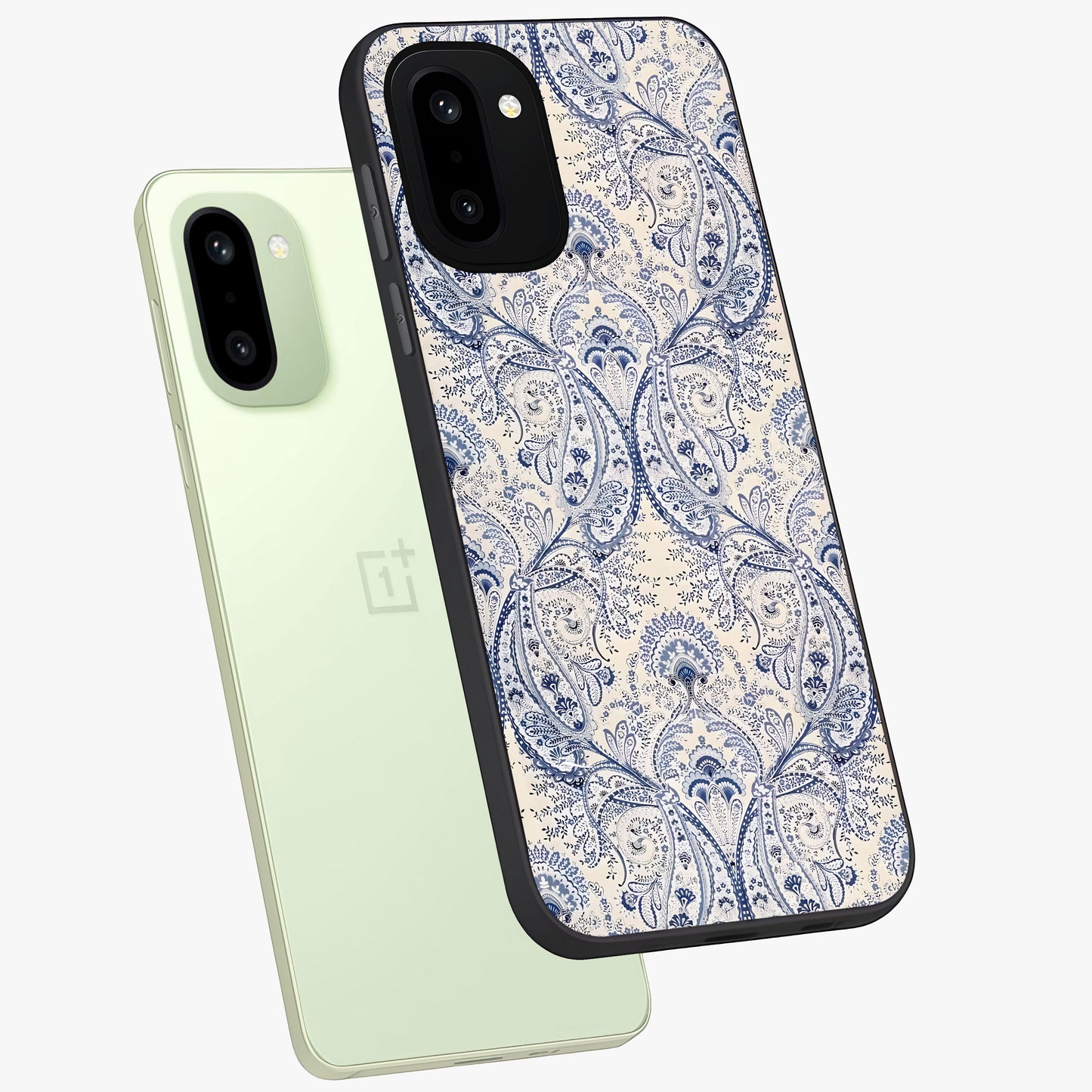 Blue Paisley Bloom Glass Case for 1+15R angled mockup showcasing glossy finish and detailed ornamental design