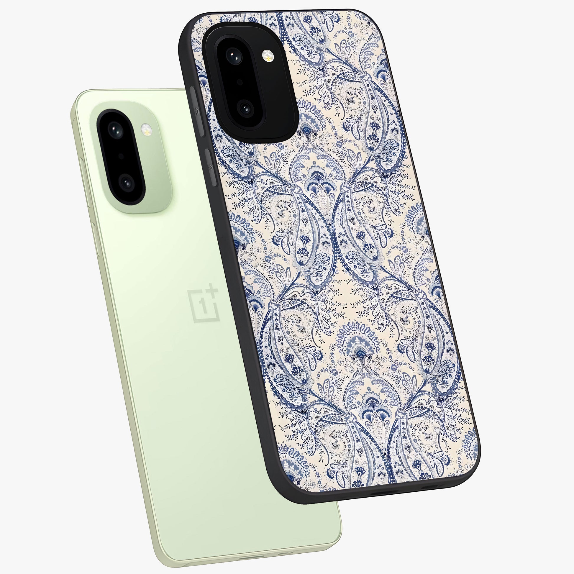 Blue Paisley Bloom Glass Case for 1+15R angled mockup showcasing glossy finish and detailed ornamental design