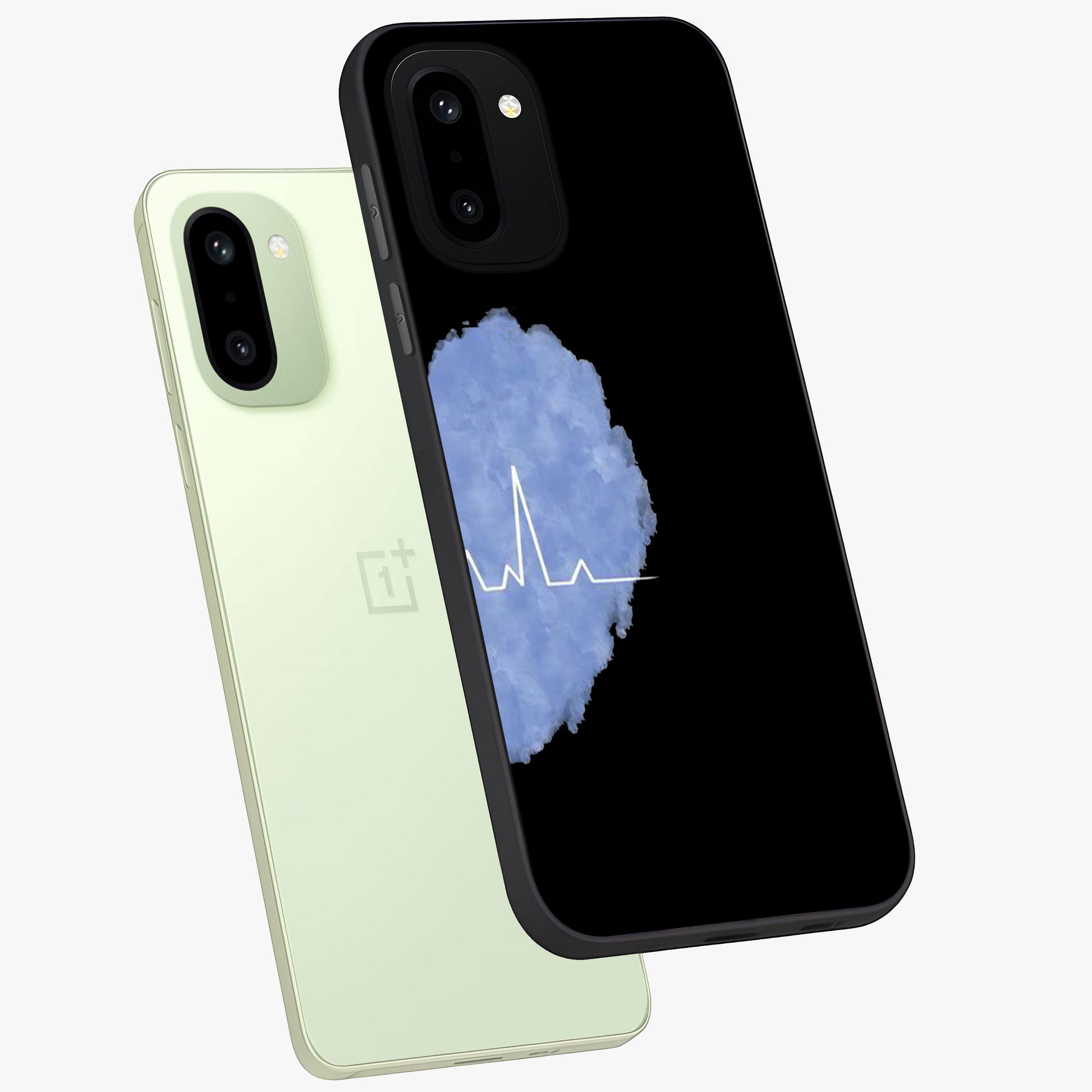 Blue Pulse Bond Glass Case for 1+15R angled mockup showcasing glossy glass finish and vibrant energy design