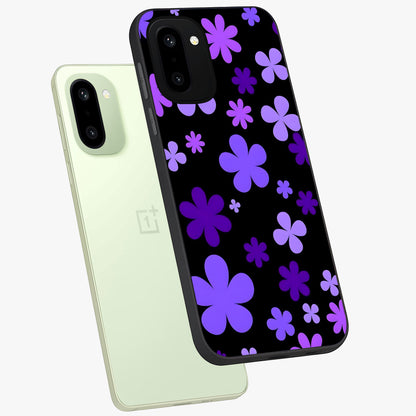 Blue Retro Pop Flowers Glass Case for 1+15R angled mockup showcasing glossy finish and playful pop flower design