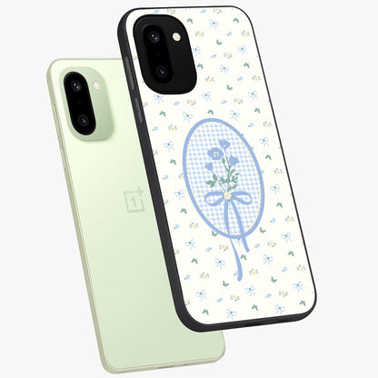 Blue Ribbon Bloom Glass Case for 1+15R angled mockup showcasing glossy finish and delicate bloom detailing