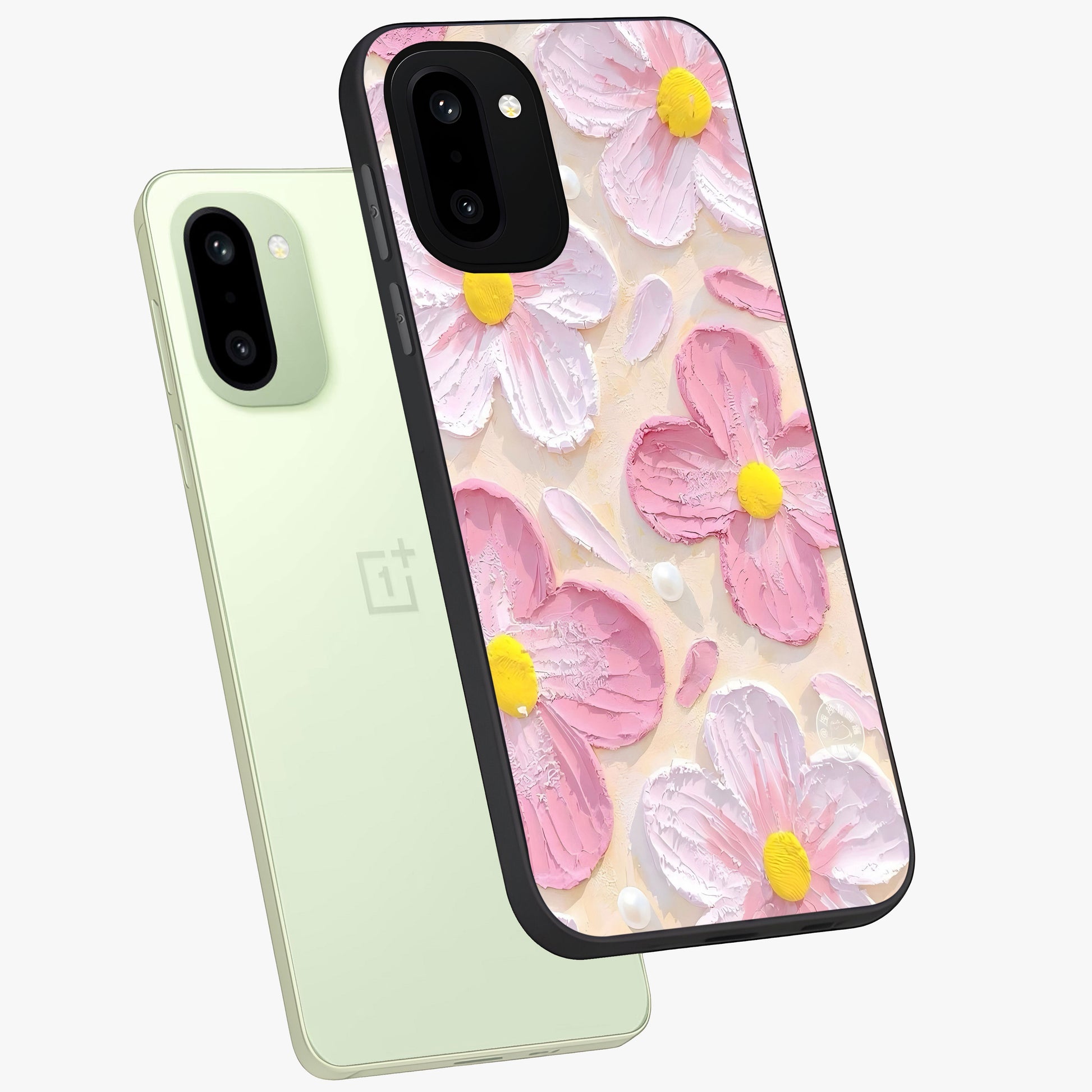 Blush Bloom Texture Glass Case for 1+15R angled mockup showcasing glossy finish and layered texture detailing