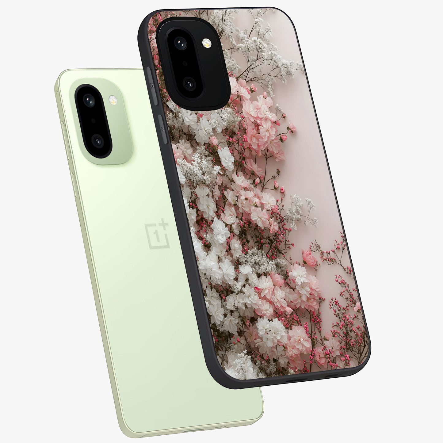 Blush Blossom Cloud Glass Case for 1+15R angled mockup showcasing glossy finish and pastel floral design