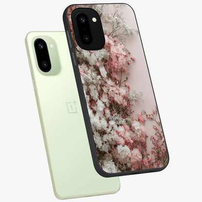 Blush Blossom Cloud Glass Case for 1+15R angled mockup showcasing glossy finish and pastel floral design