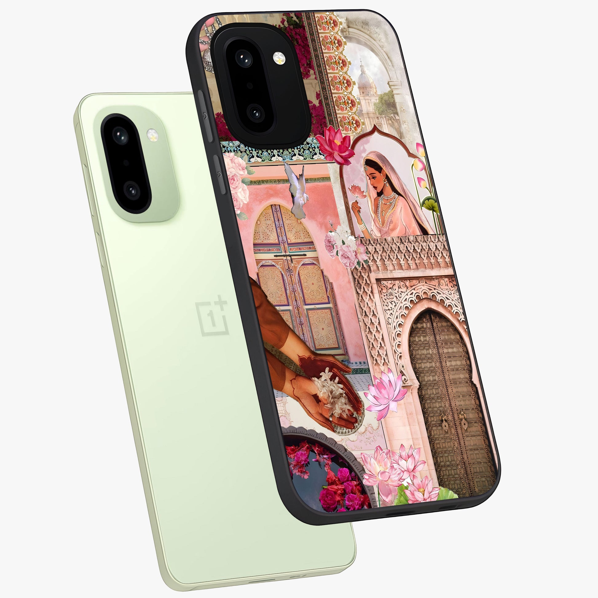 Blush Heritage Dream Glass Case for 1+15R angled mockup showcasing glossy finish and vintage blush tones