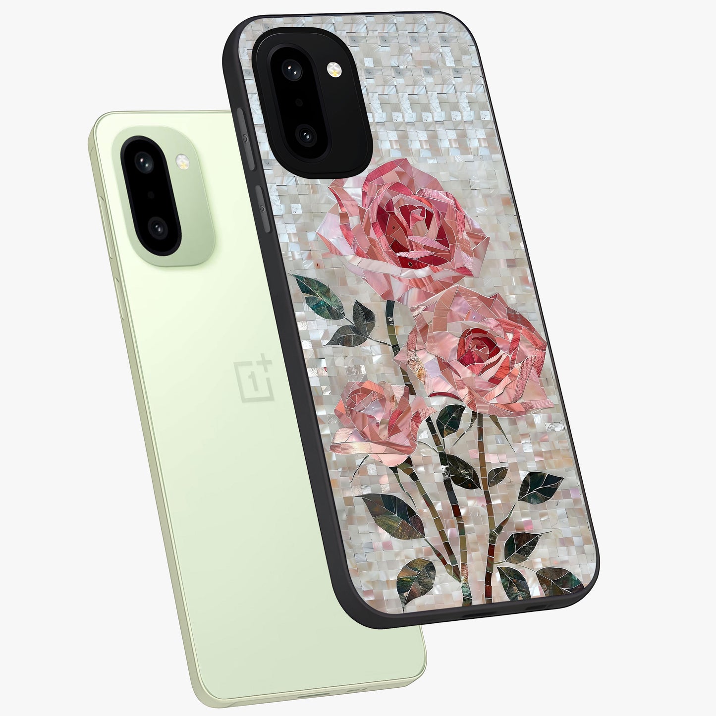 Blush Luxe Bloom Glass Case for 1+15R angled mockup showcasing glossy finish and premium bloom design