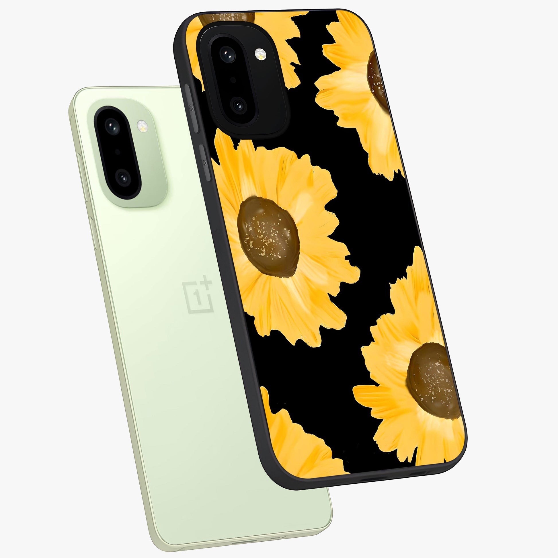 Bold Sunflowers Glow Glass Case for 1+15R angled mockup showcasing glossy glass finish and bright floral detailing