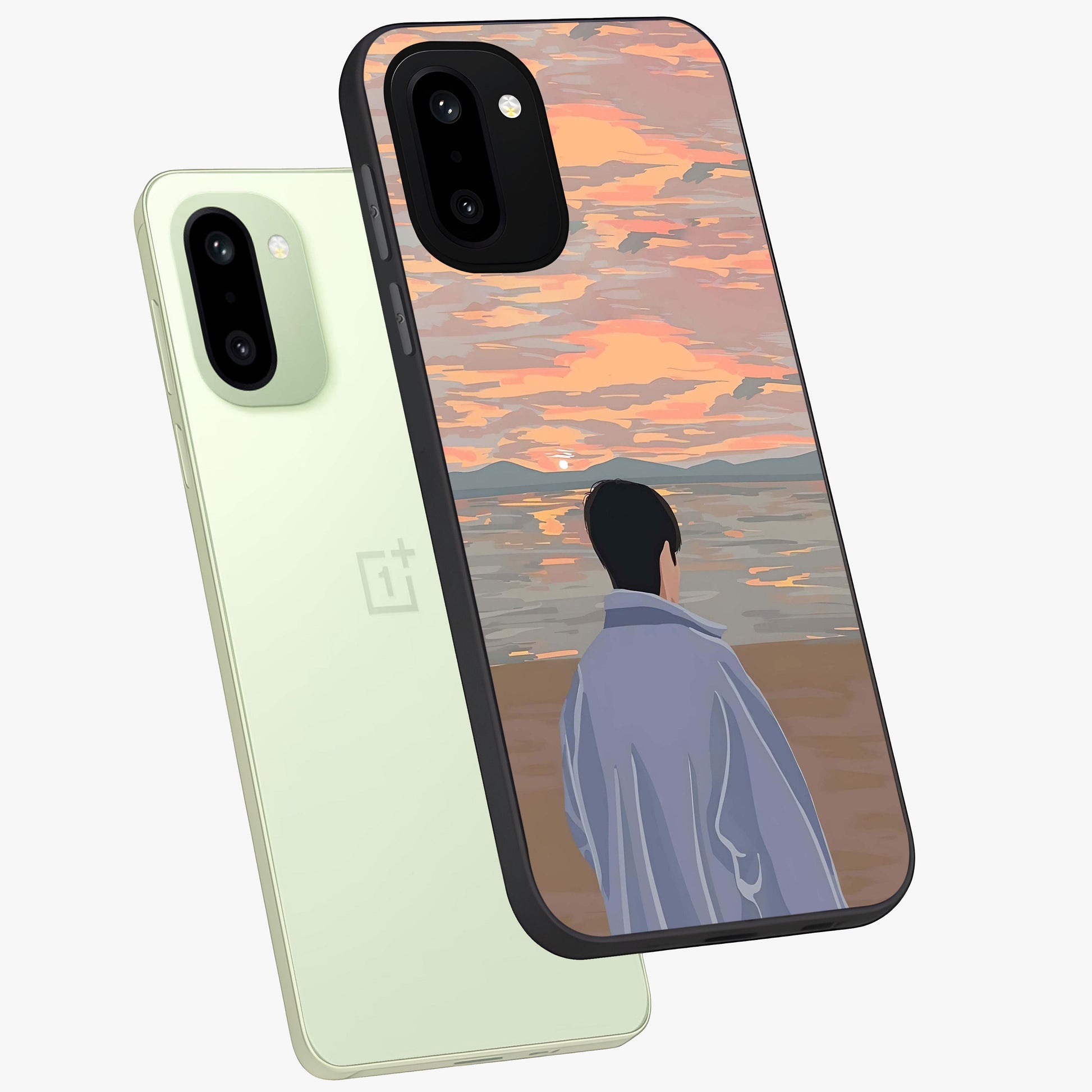 Boy Facing Sunset Beach Glass Case for 1+15R angled mockup showcasing glossy finish and warm beach tones