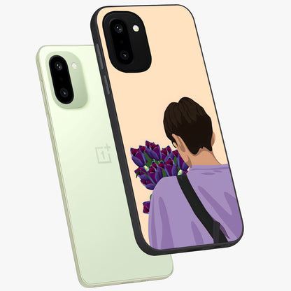 Boy Holding Flowers Glass Case for 1+15R angled mockup showcasing glossy finish and gentle pastel artwork
