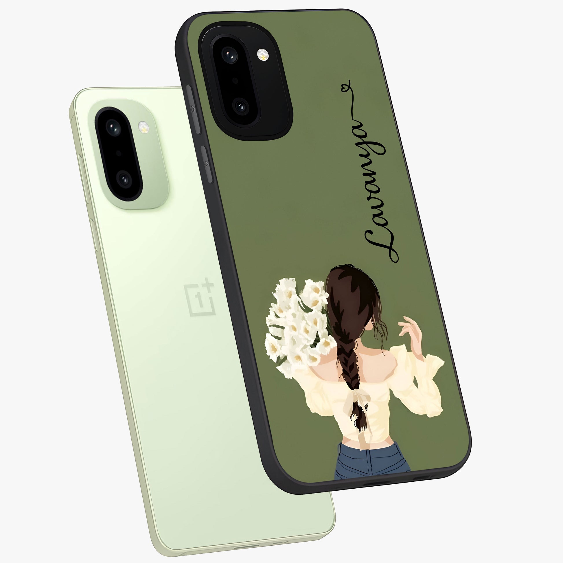 Braided Spring Beauty With Custom Name Glass Case for 1+15R angled mockup showcasing glossy finish and spring inspired detailing