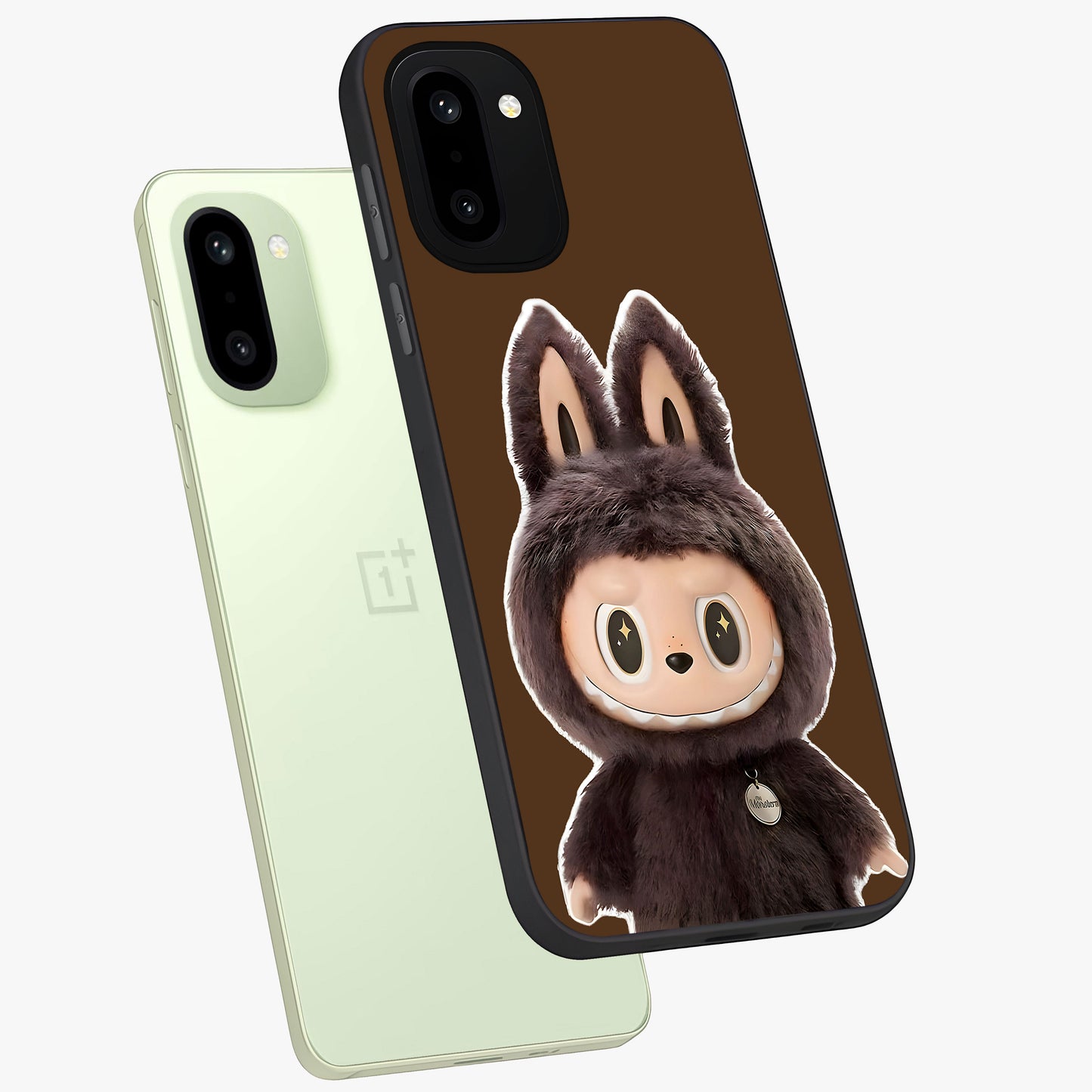 Brown Labubu Design Glass Case for 1+15R angled mockup showcasing glossy finish and detailed cartoon illustration