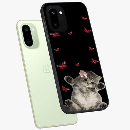 Butterfly Cat Bliss Glass Case for 1+15R angled mockup showcasing glossy finish and soft pastel tones