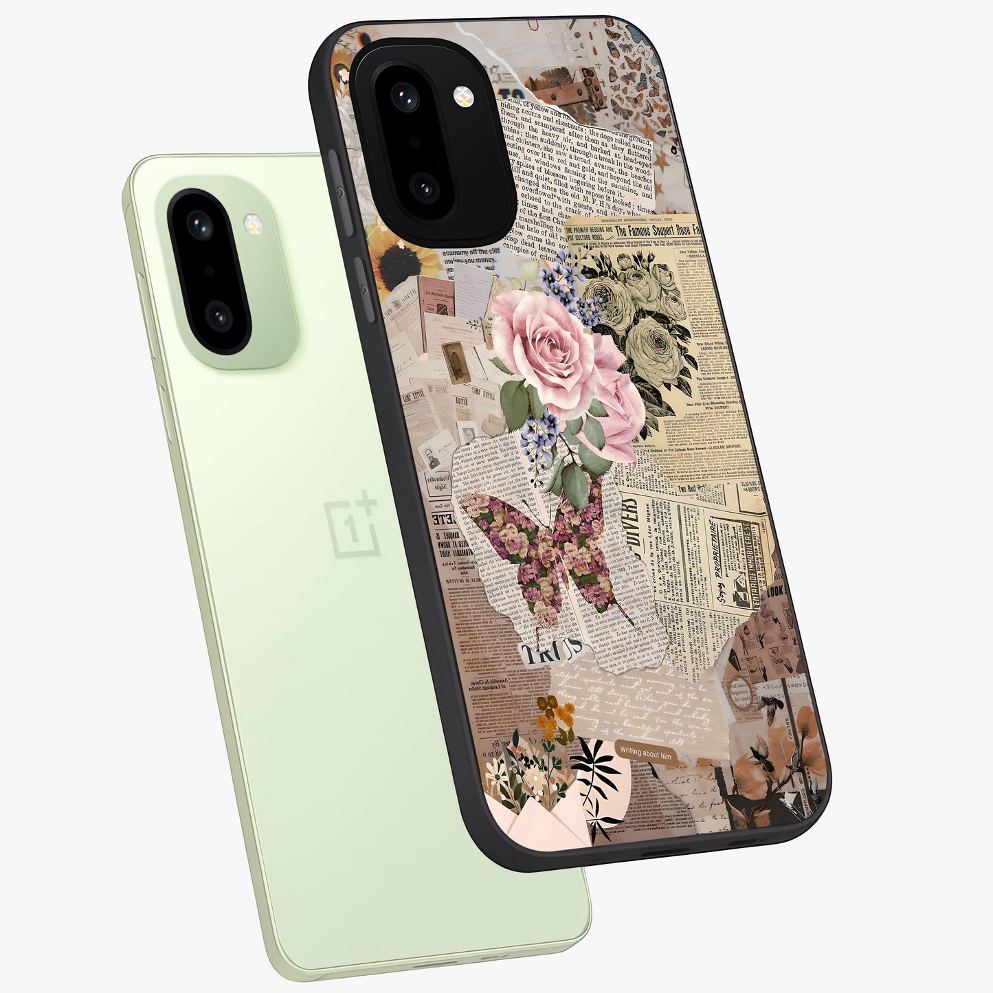 Butterfly News Bloom Glass Case for 1+15R angled mockup showcasing glossy finish and vibrant nature design