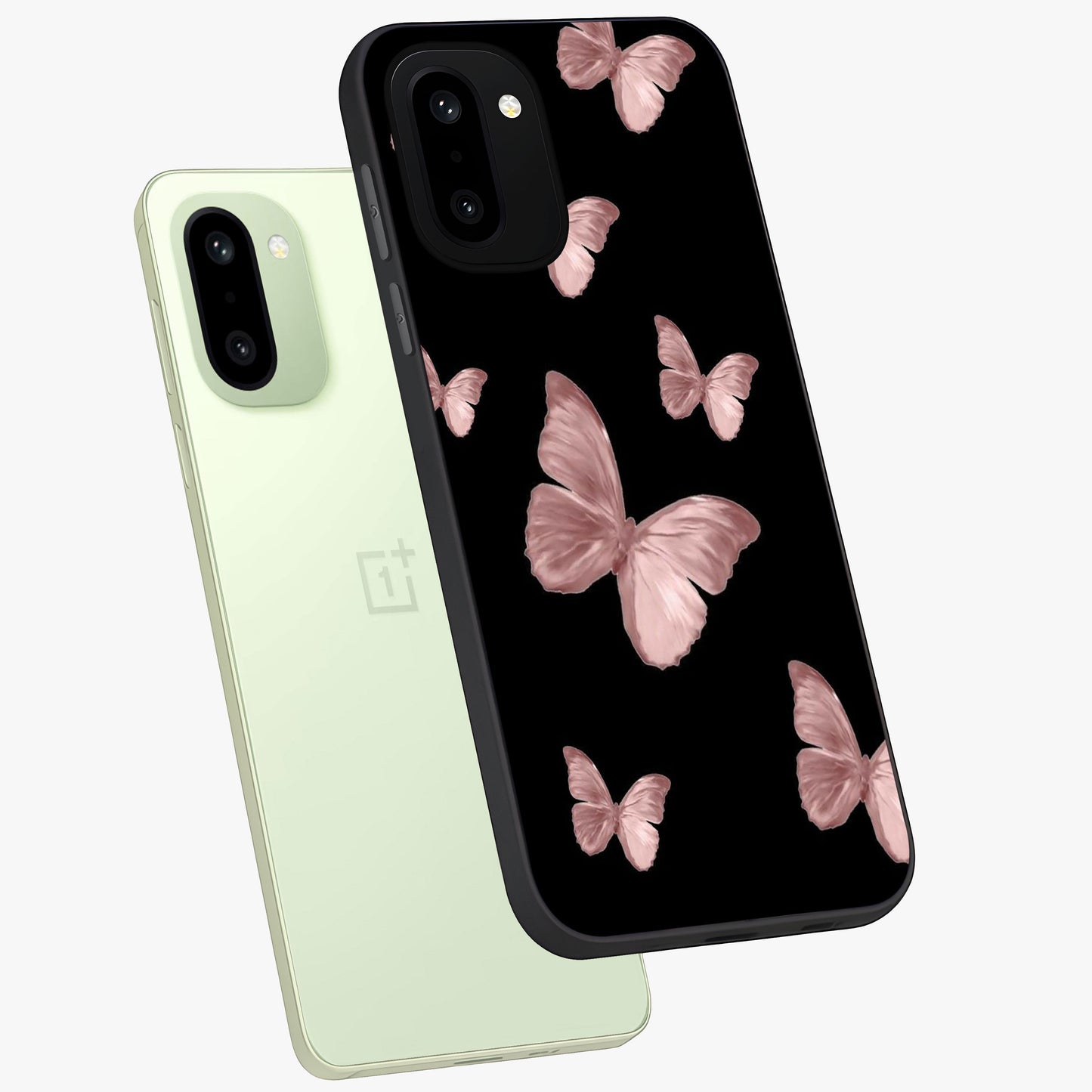 Butterfly Pattern Glass Case for 1+15R angled mockup showcasing glossy glass finish and delicate wing design