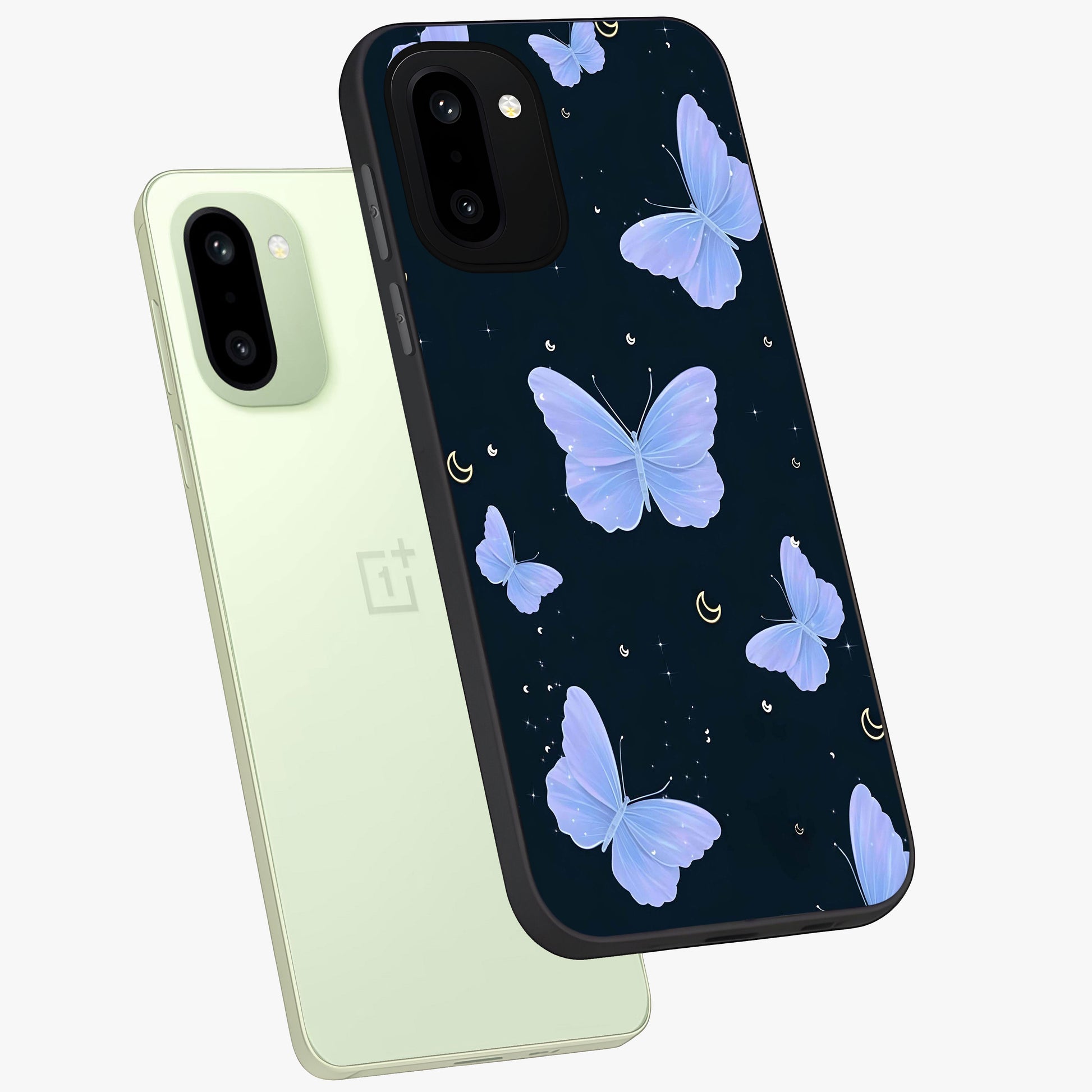 Butterfly With Stars Pattern Glass Case for 1+15R angled mockup showcasing glossy finish and celestial inspired design