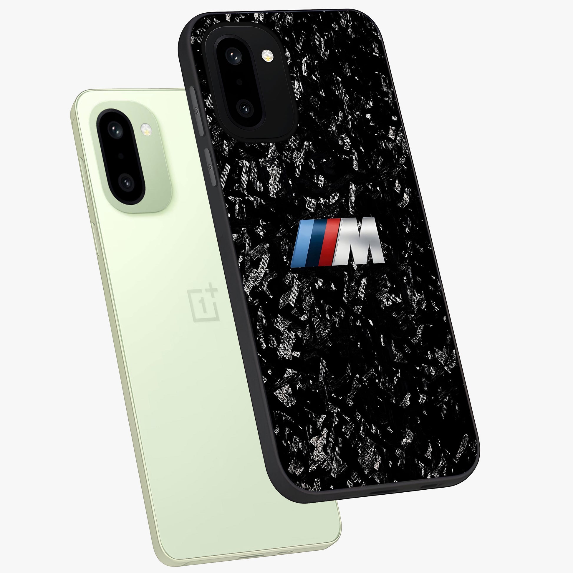 Carbon Speed Mark Glass Case for 1+15R angled mockup showcasing glossy finish and high performance aesthetic