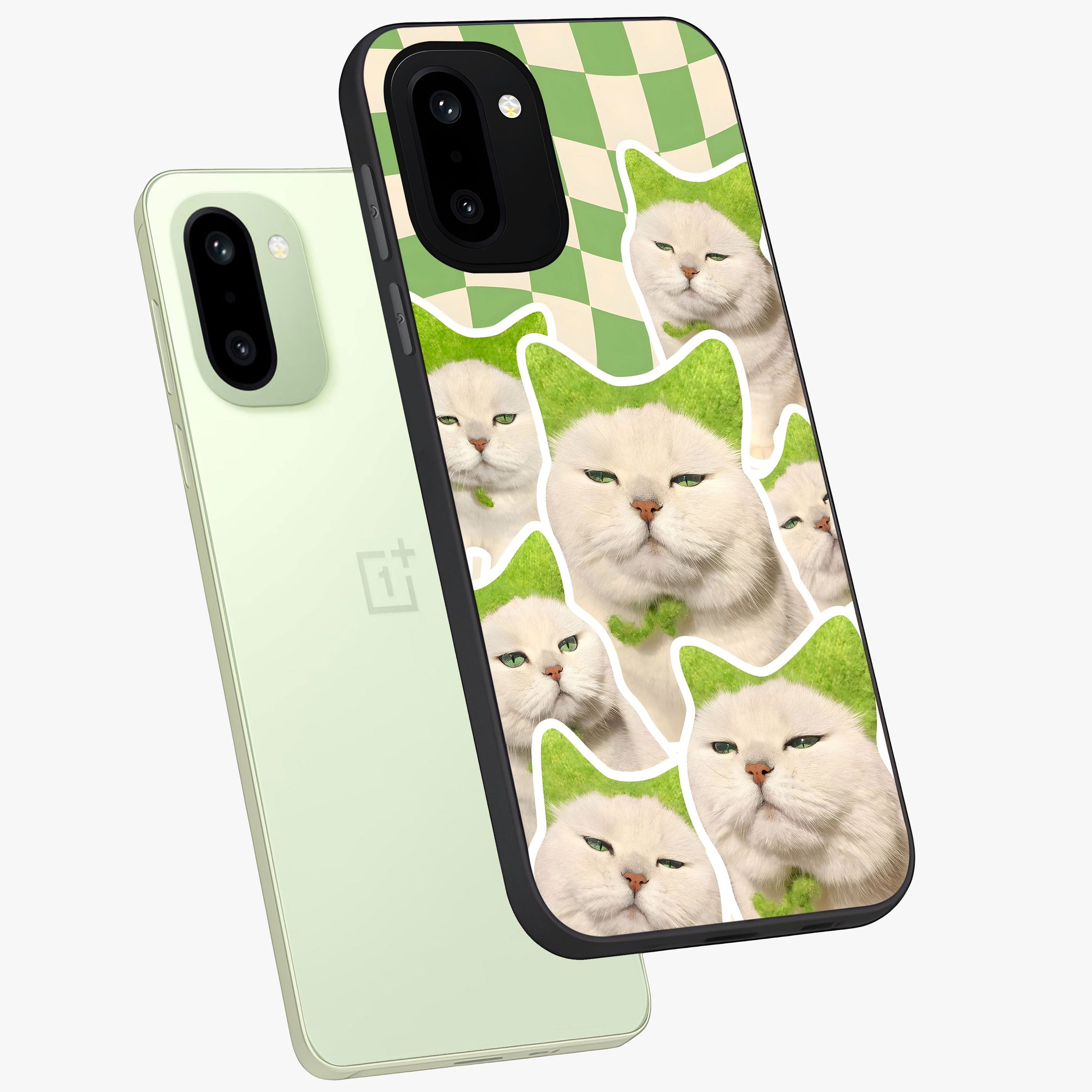 Cats Ethereal Bloom Glass Case for 1+15R angled mockup showcasing glossy finish and dreamy pastel tones