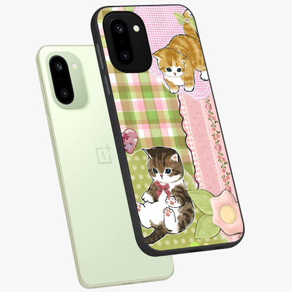 Cats Sweet Button Glass Case for 1+15R angled mockup showcasing glossy finish and charming character design