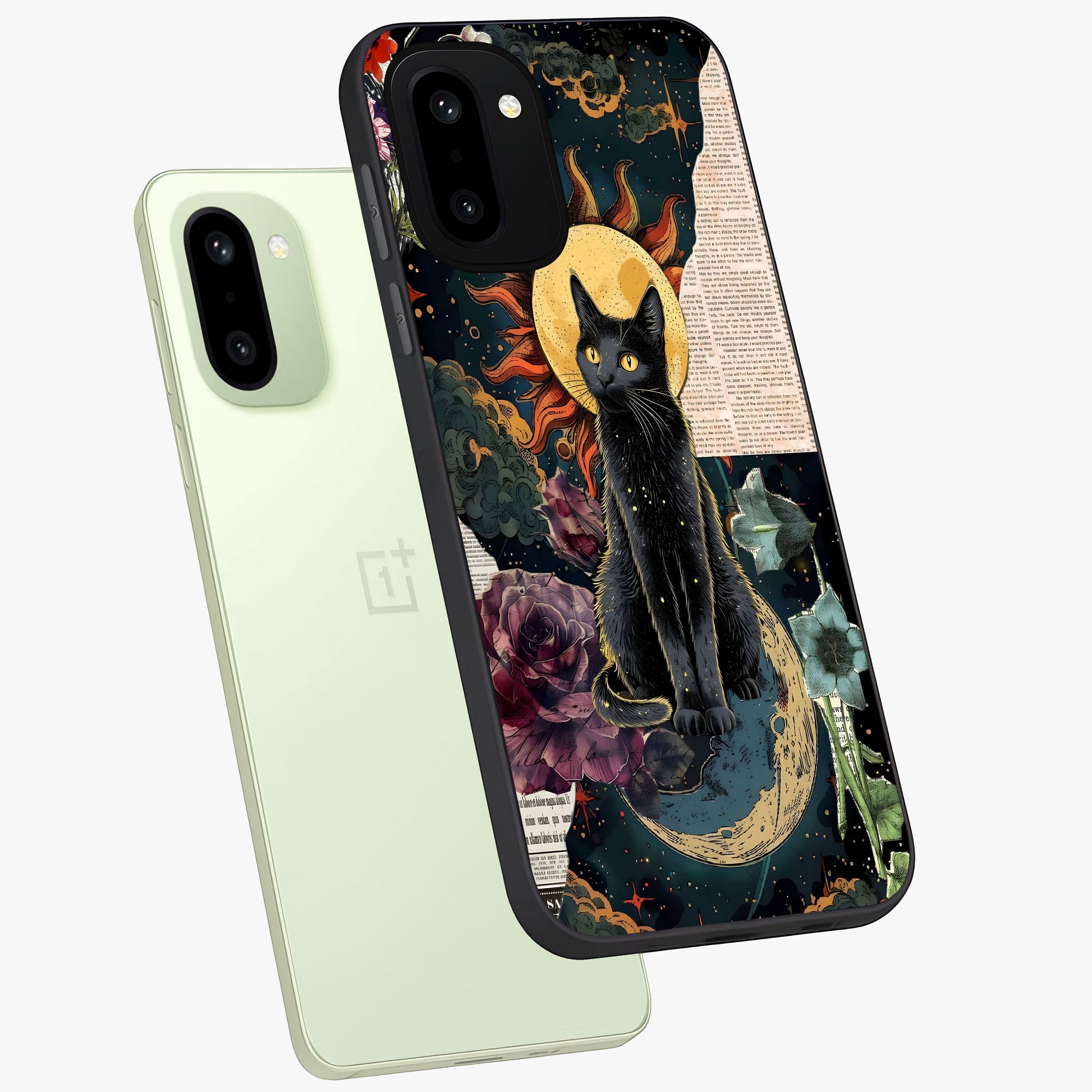 Celestial Black Cat Glass Case for 1+15R angled mockup showcasing glossy finish and celestial glow detailing