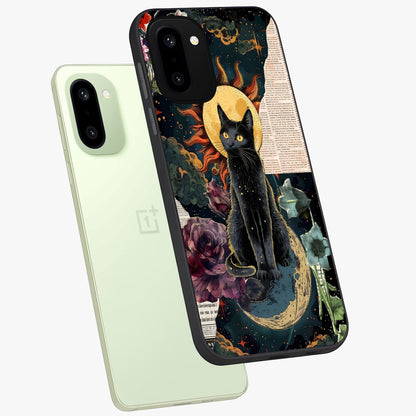 Celestial Black Cat Glass Case for 1+15R angled mockup showcasing glossy finish and celestial glow detailing