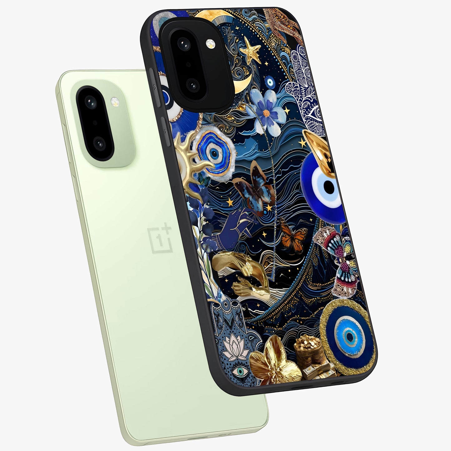 Celestial Blessing Shield Glass Case for 1+15R angled mockup showcasing glossy finish and divine design elements