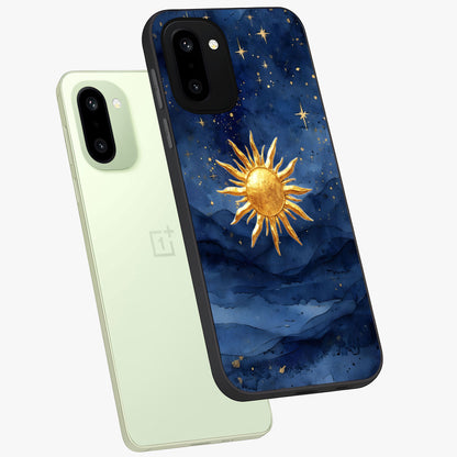 Celestial Blue Glow Glass Case for 1+15R angled mockup showcasing glossy finish and luminous celestial tones