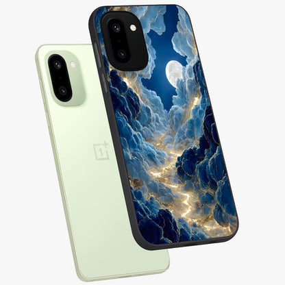 Celestial Cloud Path Glass Case for 1+15R angled mockup showcasing glossy finish and soft celestial gradients