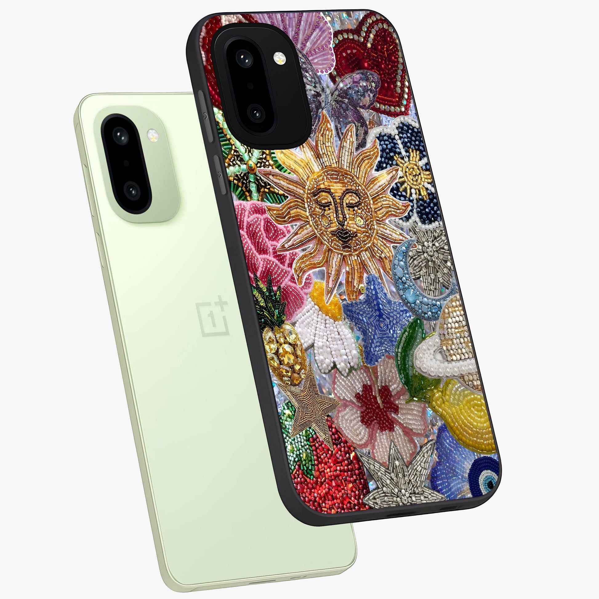 Celestial Floral and Playful Glass Case for 1+15R angled mockup showcasing glossy finish and colorful celestial detailing