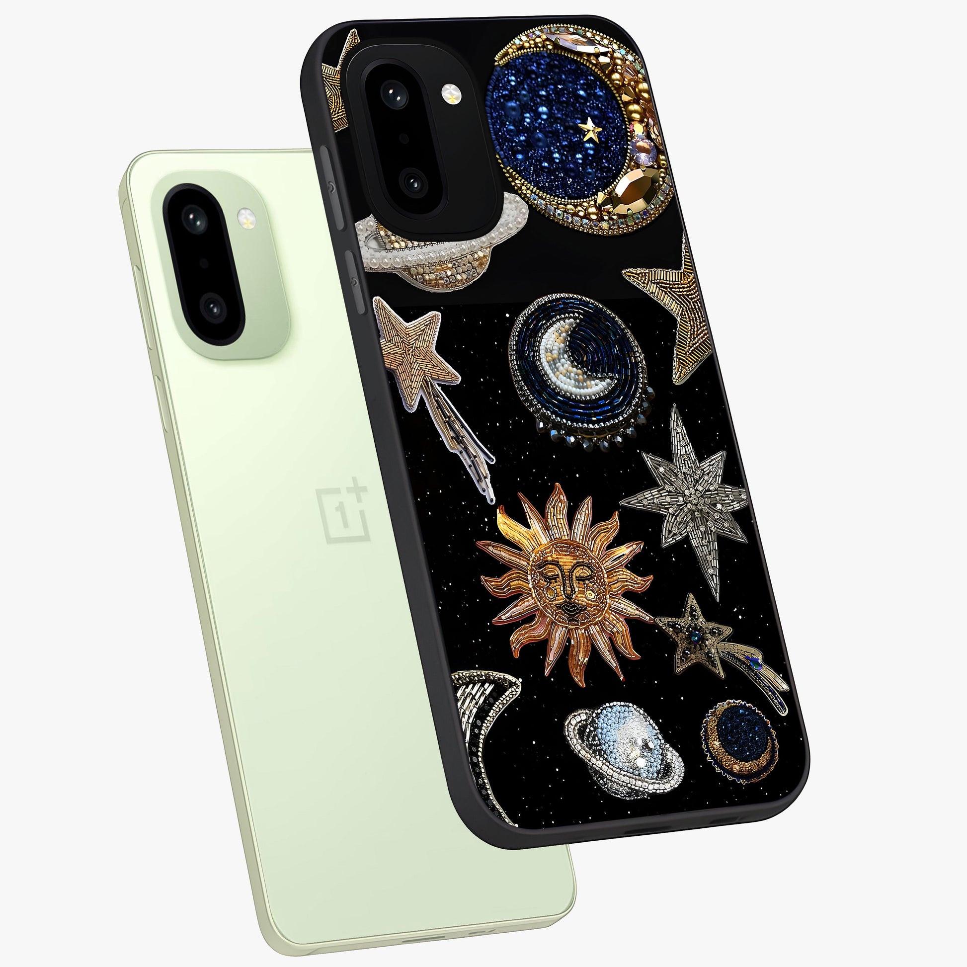 Celestial Gem Constellations Glass Case for 1+15R angled mockup showcasing glossy finish and sparkling cosmic design