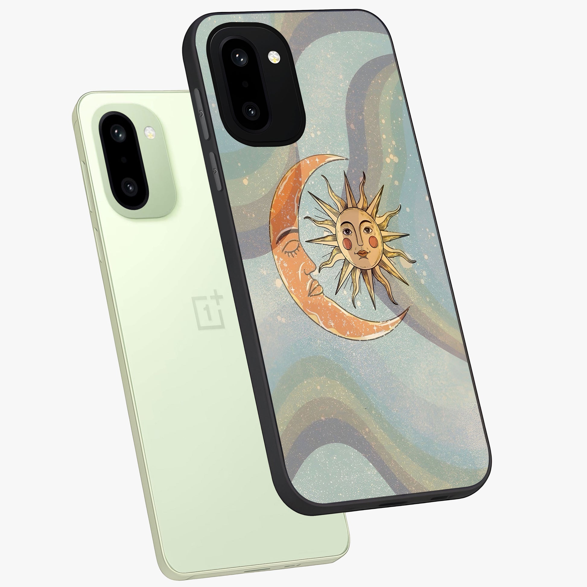 Celestial Harmony Vibes Glass Case for 1+15R angled mockup showcasing glossy finish and smooth celestial gradients