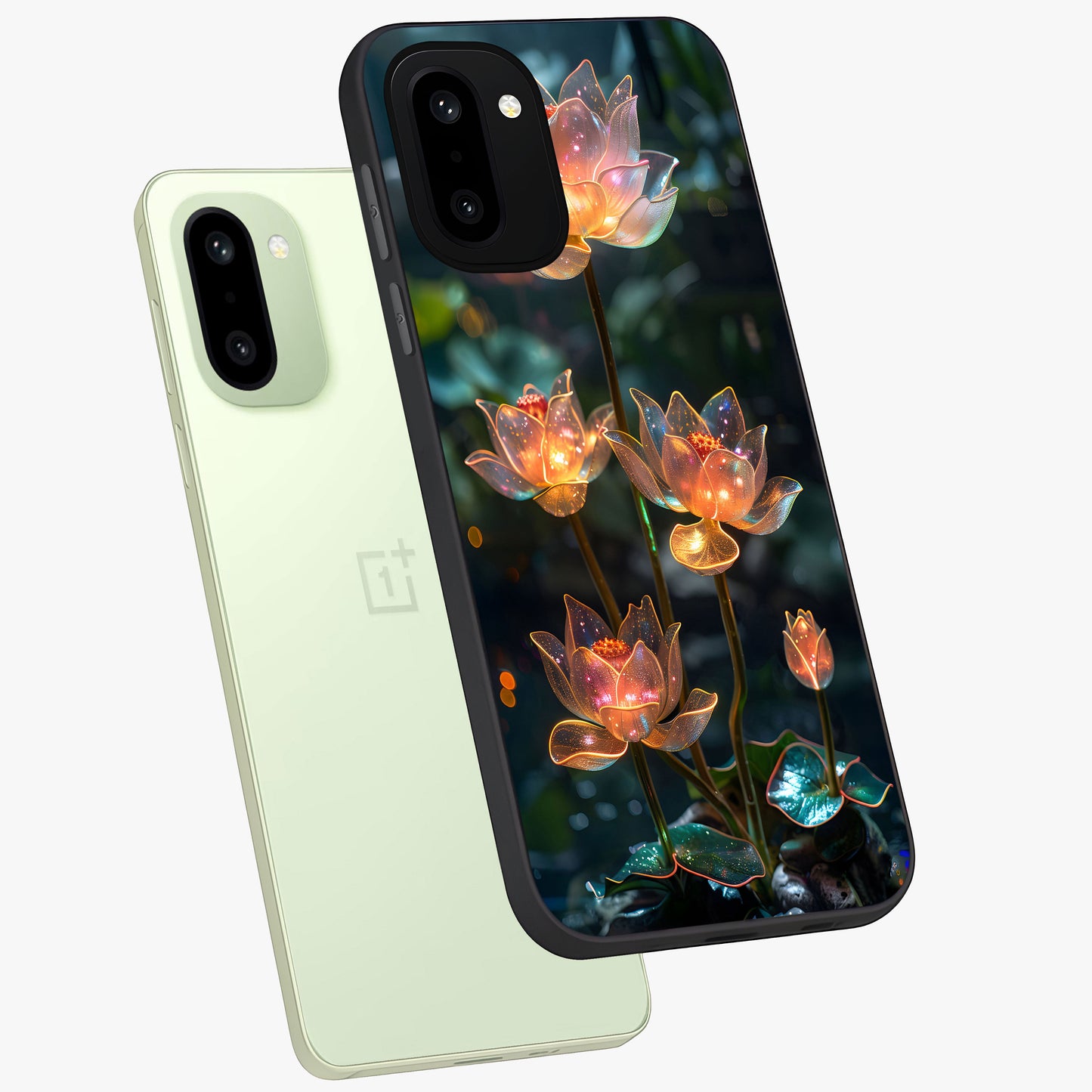 Celestial Lotus Light Glass Case for 1+15R angled mockup showcasing glossy finish and radiant celestial tones