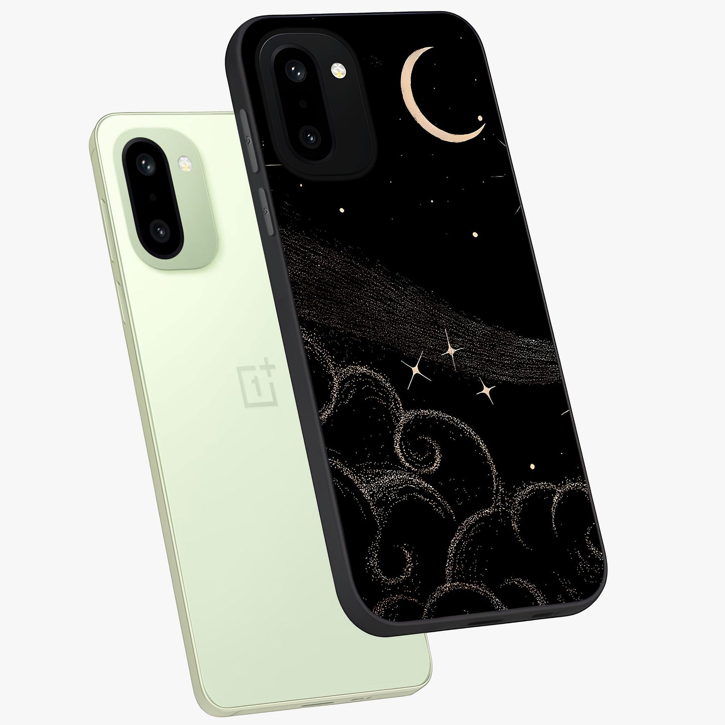 Celestial Midnight Veil Glass Case for 1+15R angled mockup showcasing glossy finish and dark celestial gradients