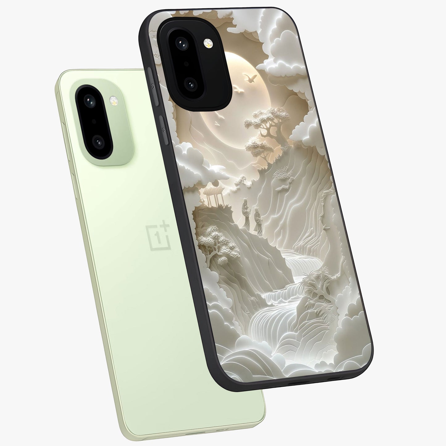 Celestial Origami Glass Case for 1+15R angled mockup showcasing glossy finish and geometric celestial design