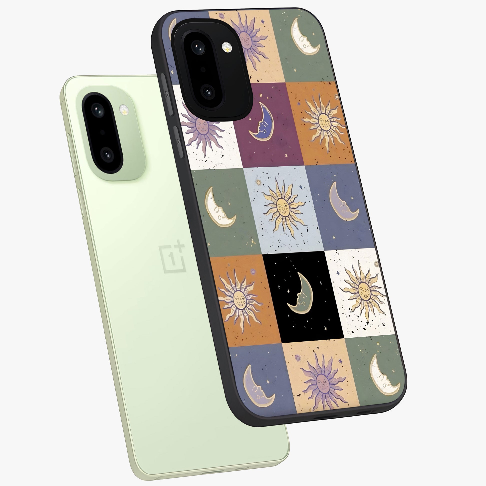 Celestial Patchwork Dreams Glass Case for 1+15R angled mockup showcasing glossy finish and layered celestial textures