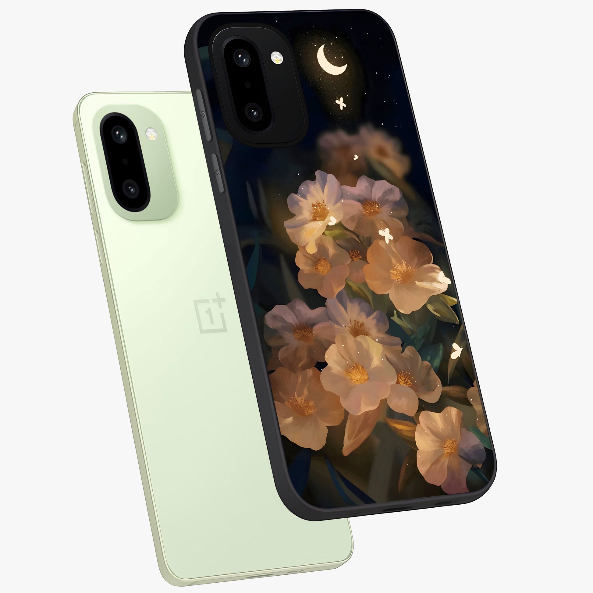 Celestial Petal Night Glass Case for 1+15R angled mockup showcasing glossy finish and glowing celestial accents