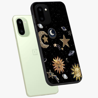 Celestial Star Charm Glass Case for 1+15R angled mockup showcasing glossy finish and shimmering celestial tones