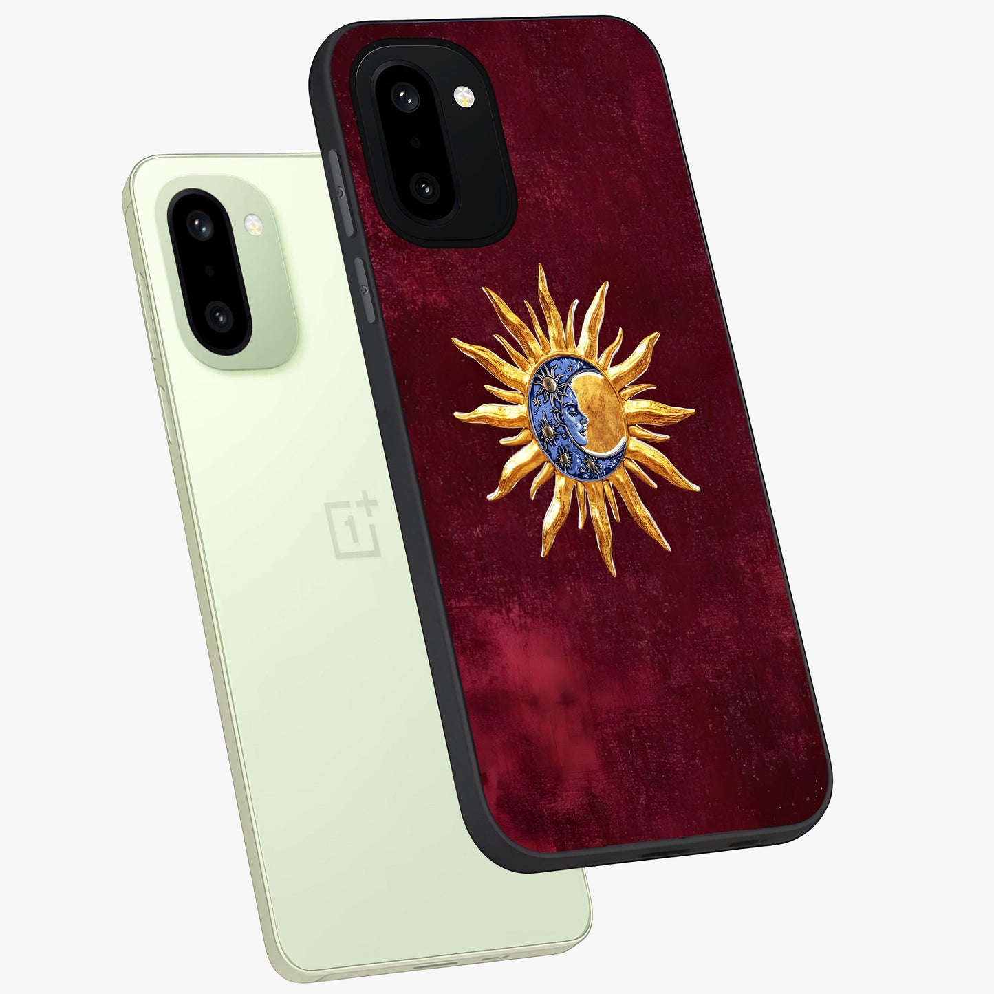 Celestial Unity Charm Glass Case for 1+15R angled mockup showcasing glossy finish and balanced cosmic design