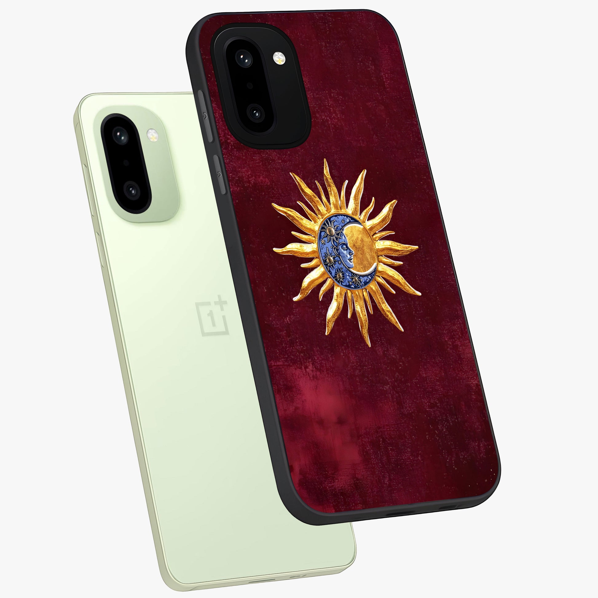 Celestial Unity Charm Glass Case for 1+15R angled mockup showcasing glossy finish and balanced cosmic design